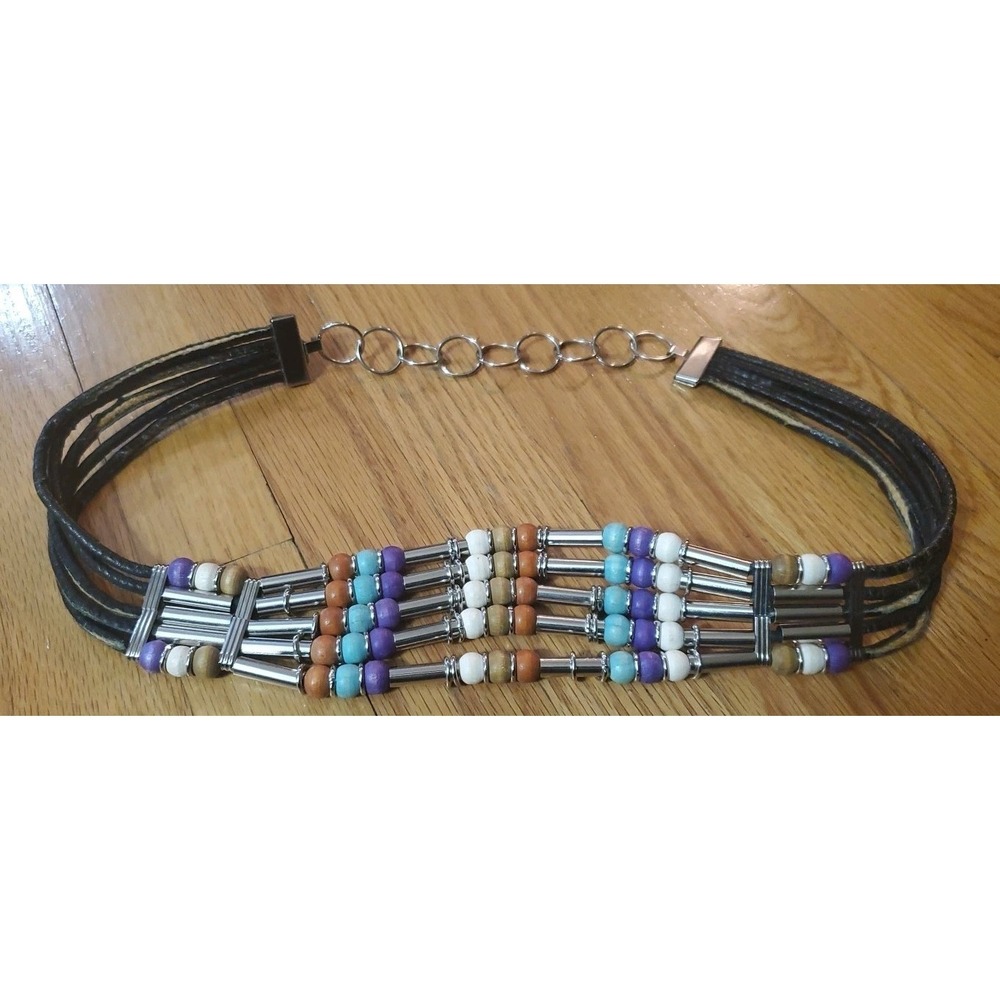 Black Leather & Multi Color Wood and Plastic Beads Chain Belt Boho Hippie